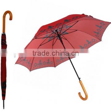 190T pongee fabric red straight umbrella with wood handle