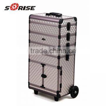 Sunrise 2 Wheels Functional Portable Bling Makeup Case with drawers rolling cosmetic case