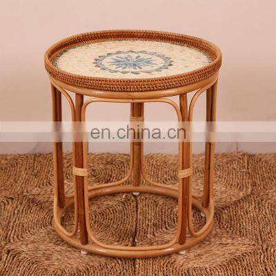 Modern Minimalist Round Shape Natural Rattan Coffee Table High Quality Side Table With Mother Of Pearl Cheap Wholesale