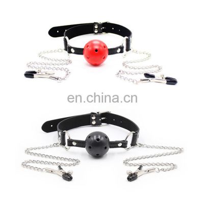 Sex Toys Game Bondage Mouth Ball Gag Ball with Nipple Clips SM Toy for Adult Couples