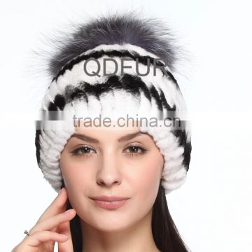 QD70094 Sexy Girl Womens Rex Rabbit Fur hats with Silver Fox Fur Ball for Ladies Hats online Alibaba Website