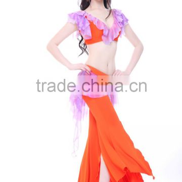Orange belly dance practice costume with ruffle top and pants (QC2112)