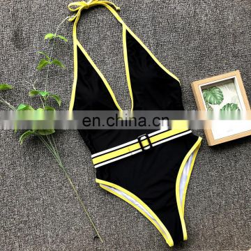 One pieces deep v-neck swimwear female belt halter bandage backless swimwear sexy bikini