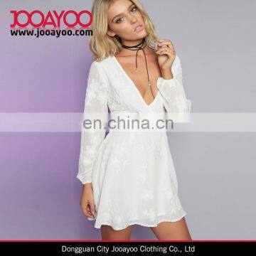 Fashion Semi - Sheer Embroidery Floral Chiffon Wrap Over Deep V Neck Hot Sexy Casual Women Dresses