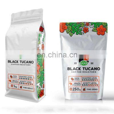 Glossy surface custom printed 250g 340g 500g 8oz 12oz 16oz coffee bags flat bottom pouch with valve tin tie easy tear