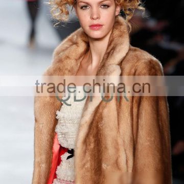 QD80747 Ladies Winter Natural Pelt Golden Mink Fur Jacket with Polo Collar