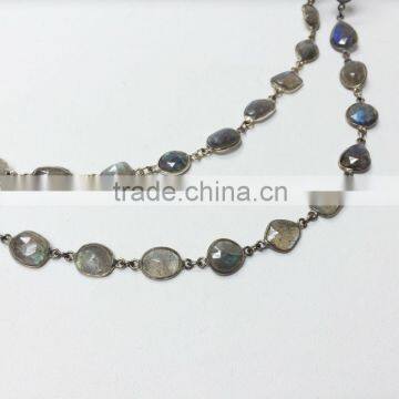 Natural Multi-Color Gemstone Bezel beaded chain 925 silver Labradorite