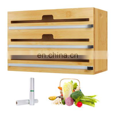 3 in 1 Bamboo Wall Mount Dispenser Wood Wrap Dispenser Kitchen Storage Drawers Organizer for Foil and Plastic Wrap With Cutter
