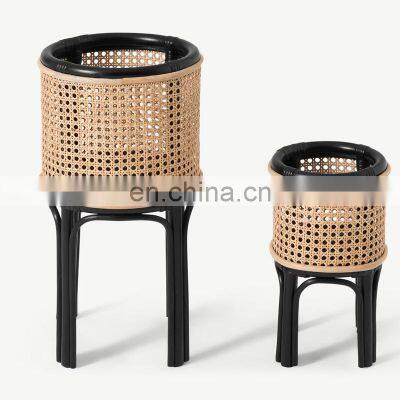 New Design Rattan Set of 2 Planters with Stands, Natural Cane & Black Wicker Flower Pot Holder Basket Wholesale