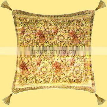 Flash Noble Full of Colorful Flower with Four Tassel Design Golden Silk Background Cushion Cover GS-015