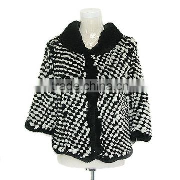 Real rex rabbit sheared fur coat,black and white knitted coat,KZ14099