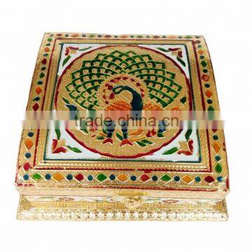 Square Peacock designed decorative hand-made Meenakari Chocolate Box / Dry Fruit Box