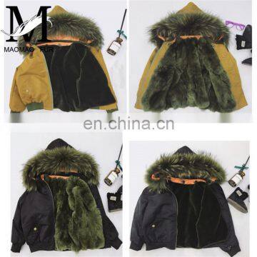 2015 High Quality Winter Girls Multicolor Real Raccoon Fur Hooded Rabbit Fur Coat Kids