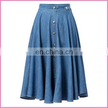 soft thin denim fabric long pleated skirt elastic waist band and middle buttons lady jeans skirt
