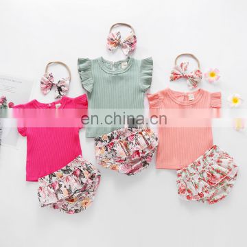 Baby Summer Clothing Infant Newborn Baby Girl Ruffled Ribbed Bodysuit Floral Shorts Headband 3Pcs Set