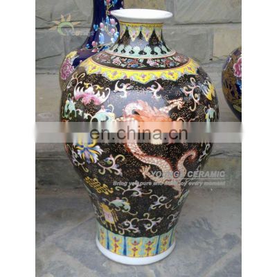 47CM Tall Jingdezhen Art Famille Rose Porcelain Floral and Dragon Black Vases