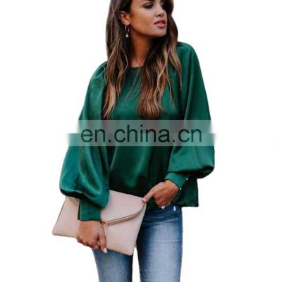 Factory direct sales of women's pullovers autumn and winter new silk fashion long lantern sleeve round collar solid color