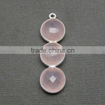 Silver Natural Pink Chalcedony Round Faceted Gemstone Connector
