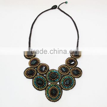Black Crystal with Stone and Beads Wax cotton thread with mixed natural stone, Stone necklace WT32