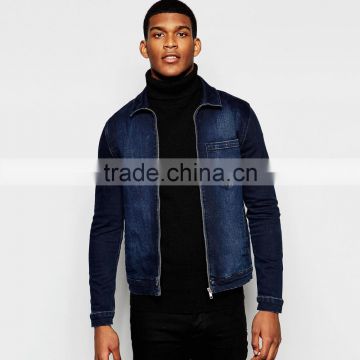 men hot sale plain denim jacket dark blue with zipper OEM services