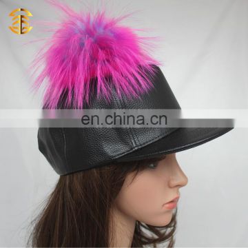 Custom Black Leather Snapback Hat with Colorful Raccoon Fur Ball