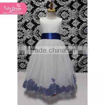 Fairy style white long dress with blue decorative pattern and blue waistband                        
                                                Quality Choice