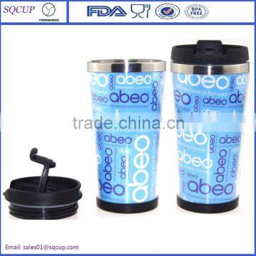 Wholesale double wall heat preserve stainless steel auto mug/thermos cup plastic outer tumbler cup with paper insert