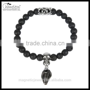 Chameleon Black Lava Stone Shield Bracelet Jewellry with Stainless Steel Charms, Skull, Cross, Shield