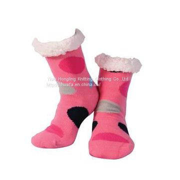 Polka Dots OEM Custom Design Acrylic Polyester Thick Warm Velvet Home Slipper Socks for Women