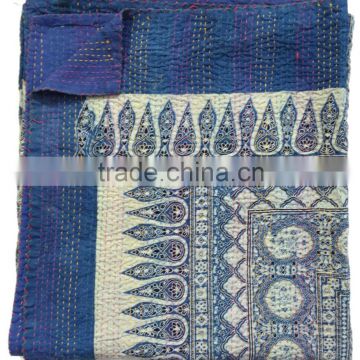 Blue Ajrakh Kantha Quilt Hand Block Print Kantha Bedspread Indigo Print Bedcover Vegetable Dye Blanket Ajrakh Kantha Quilt