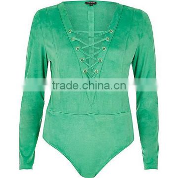 High Quality Suede Lace-Up Women Long sleeves Green Bodysuit