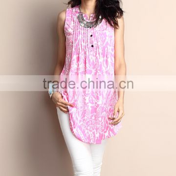 New Summer Women Tops With Pink Floral Notch Neck Pin Tuck Sleeveless Tunic Women Blouse Women Clothing GD90426-23