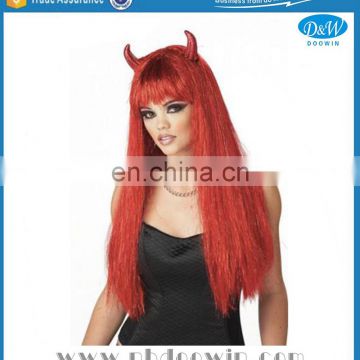 Red Devil Wig with Horns Adult Halloween Party Wig