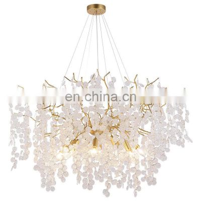 Modern Villa K9 Crystal Chandelier Hand Blown Indoor Pendant Lamp for Dining Table LED Light Source with Brass and Iron Body