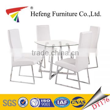 high back white leather chair matching clear tempered glass dining table with square tube chrome legs