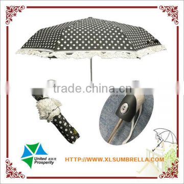21" automatic spot fabric with lace edge for lady folding umbrella