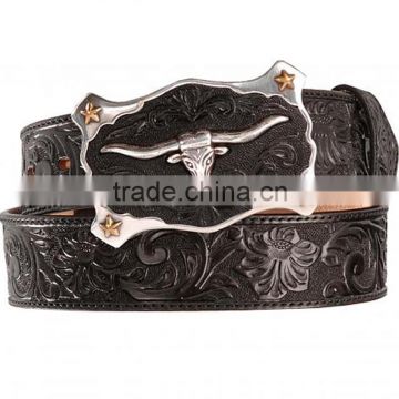 Western cowboy style floral emboss black genuine leather longhorn buckle belt