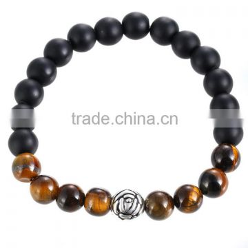 Matte black beads bangle silver lotus with Tiger's eye obsidian Natural crystal jewelry fashion bracelet bead