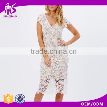 2015 Guangzhou Shandao Factory Summer Stylish Design Pure White Cap Sleeve Sexy Lace Fitness Ladies Semi Formal Dresses