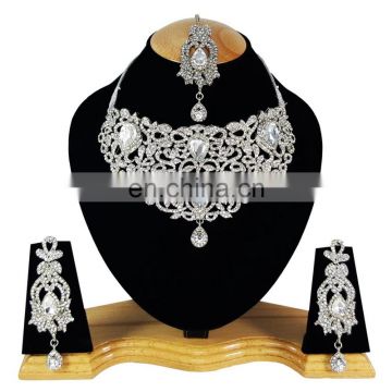 Voylla Intricate White Color Strand Silver Plated Indian Handmade Ethnic Kundan Zerconic Necklace set in