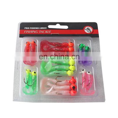 Factory price 17pcs colorful   lead head hook with soft single tail  fishing lure set kit combine for Sea  bass  fish