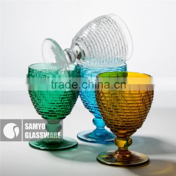 SAMYO handcrafted pressed glass goblets with decorative pattern
