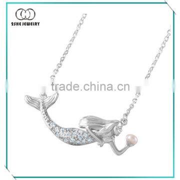 China suppplier 925 sterling silver necklace pearl & clear cz stones mermaid pendant