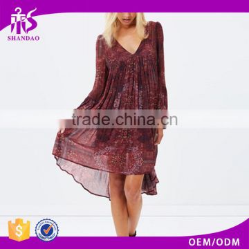 2016 China OEM Supplier Spring Fashion Collar Pattern Design Long Sleeve Chiffon Printed Ruffle Ladies Dress