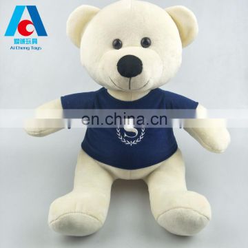 High quality 30cm beige teddy bear super soft velboa with a blue t-shirt