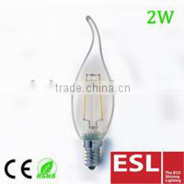 2016 new product hot selling! c35 2w e14 220v-240v led filament bulb with CE&RoHS 2Years Warantty 3000k
