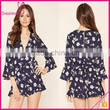 Navy And Ivory 3/4 Bell Sleeves Contemporary Elastic Band Floral Romper Womens Playsuit