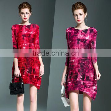 Latest European ladies digital printed gradients wrinkled dresses