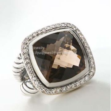 Sterling Silver Jewelry 14mm Smoky Quartz Albion Ring(R-102)