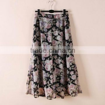 Ladies chiffon floral printed long flared skirts